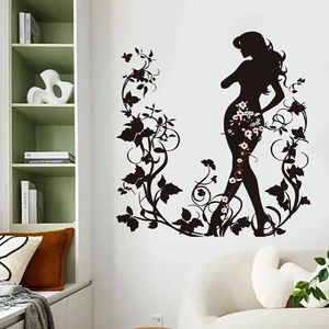 Sticker mural silhouette fille noire avec fleurs et vignes pour décoration de salon