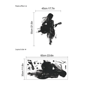 Guitarist girl silhouette wall sticker with paste effect and layout dimensions