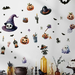 Detail of Halloween wall stickers featuring watercolor skulls, ghosts and pumpkins