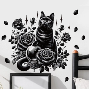 Halloween black cat and crow wall decal with roses and crystal ball on a white wall