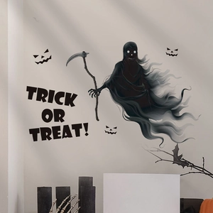 Detailed view of Halloween wall stickers featuring Grim Reaper, pumpkins, and Trick or Treat