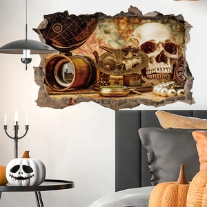 Adesivo murale 3D con mappamondo retrò e decorazione a teschio per interni di Halloween