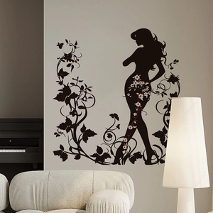 Sticker mural élégant avec silhouette de fille et fleurs noires pour salon moderne