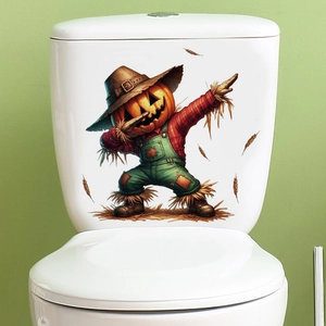 Detail of Halloween pumpkin scarecrow wall sticker on a white surface doing dab dance