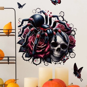 Adesivi murali gotici con teschio, rose rosse e ragni per decorazioni di Halloween