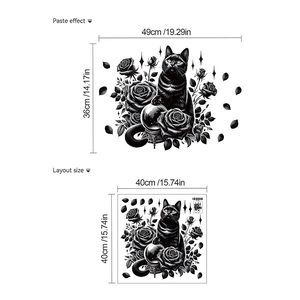 Detail of Halloween black cat and rose wall sticker layout with size specifications