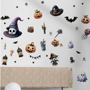 Detailed watercolor Halloween wall decals with pumpkins, ghosts and bats on a white wall