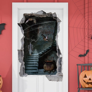 Adesivo murale 3D di Halloween con seminterrato di scheletri ed effetto muro rotto realistico