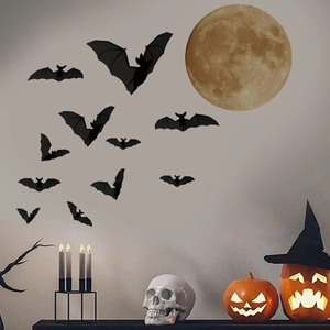 3D Halloween bat wall stickers with realistic moon decal for festive home decoration