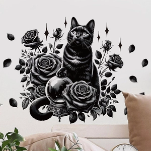 Detailed view of Gothic black cat and roses wall sticker in a cozy living room setup