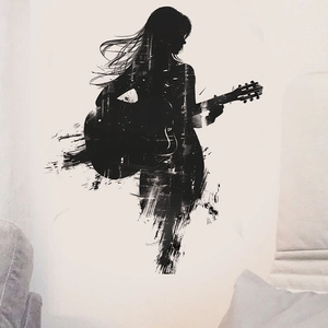 Modern wall sticker featuring a guitar playing girl silhouette with starry night art effect