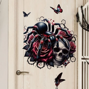 Adesivo murale gotico con grande ragno, teschio, rose rosse e farfalle su una porta