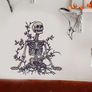 Detail of gothic skeleton wall sticker with tangled vines for Halloween interior decor