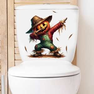 Detail view of Halloween dabbing pumpkin scarecrow sticker on a ceramic toilet tank