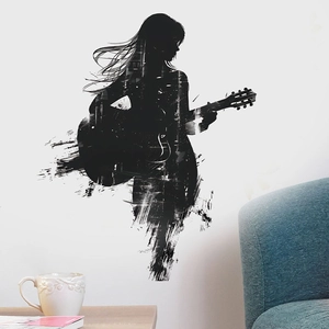 Artistic watercolor guitar girl wall sticker in a modern living room setting