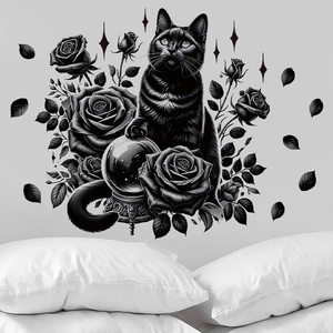 Gothic wall sticker detail featuring mysterious black cat, roses and crystal ball on bedroom wall