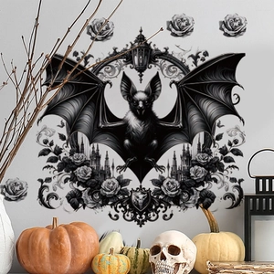 Adesivo murale pipistrello gotico con rose e castello per decorazioni di Halloween