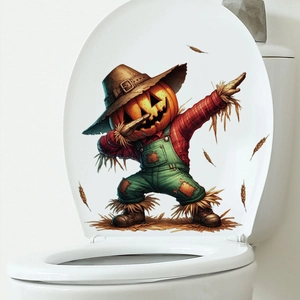 Macro detail of pumpkin scarecrow wall decal on white surface with autumn colors