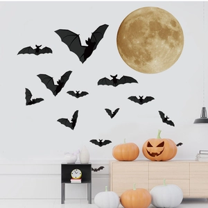 Halloween wall decals set with full moon and various black bat silhouettes on white wall