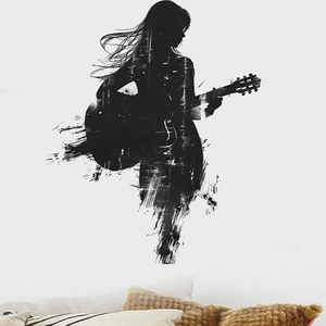 Detailed view of black guitar girl wall sticker with artistic double exposure pattern