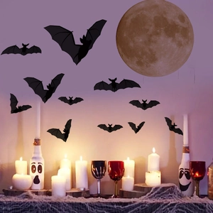 Halloween wall decals featuring black bat silhouettes on a moonlit background scene