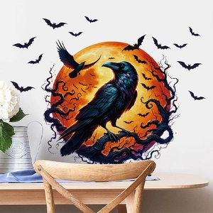 Halloween wall sticker set featuring a crow on a branch with a red moon and bats