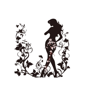 Sticker mural élégant silhouette femme noire avec motifs floraux pour déco intérieure