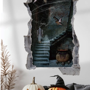 Adesivo murale 3D di Halloween con interno di castello infestato e vari spettri