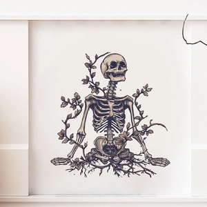 Detailed view of Halloween skeleton sitting in meditation with dark vines and leaves