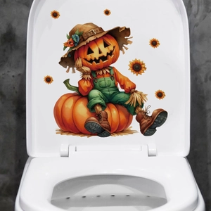 Close-up of Halloween pumpkin scarecrow decal with sunflowers on a white toilet lid