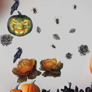 Halloween pumpkin wall decals with black crows, realistic roses and spiders for home decor