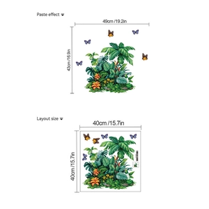 Detail of tropical palm leaf wall stickers with colorful butterflies and layout dimensions