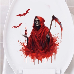 Detail of Halloween Grim Reaper toilet sticker with red robes and bloody splatter effects
