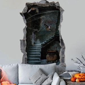 Adesivo murale 3D Halloween con cantina spettrale, gufo e fantasma su una parete bianca
