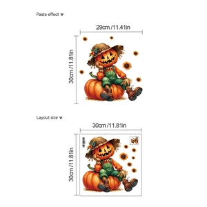 Detailed Halloween wall sticker dimensions showing pumpkin scarecrow and sunflower layout