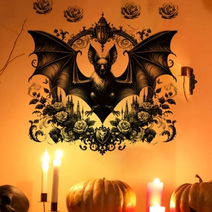 Adesivo murale pipistrello gotico con lanterne e rose per decorazione di Halloween