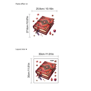 Macro layout of vintage magic book wall sticker with red gems and star patterns