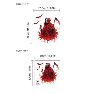 Size chart and layout for Halloween reaper wall sticker with red cape and bloody scythe