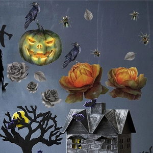 Detail of Halloween wall stickers set with glowing pumpkins, bats, and haunted house motifs