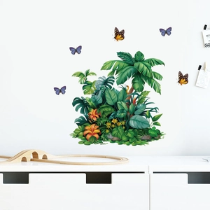 Detailed wall sticker set featuring tropical palm leaves and butterflies on a white wall