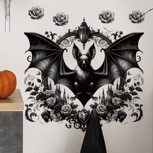 Adesivo murale gotico di Halloween con pipistrello, rose e silhouette di castello oscuro