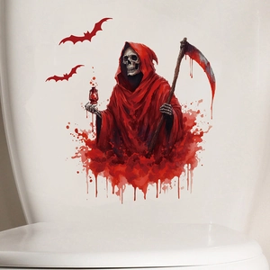 Detailed view of Halloween grim reaper wall sticker with red scythe on white surface