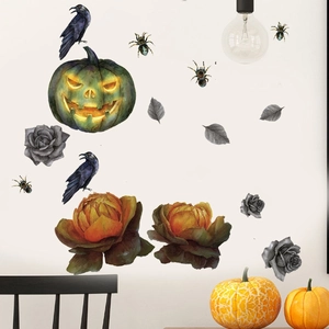 Halloween wall stickers with watercolor pumpkins, black ravens and spiders for home decor