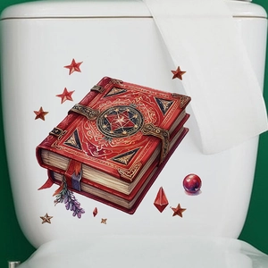 Detail of magic book wall sticker with stars and lavender on white ceramic tank