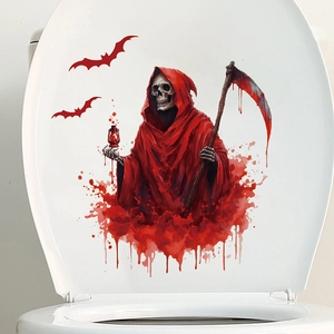 Detail of red Grim Reaper toilet sticker with scythe and watercolor splashes