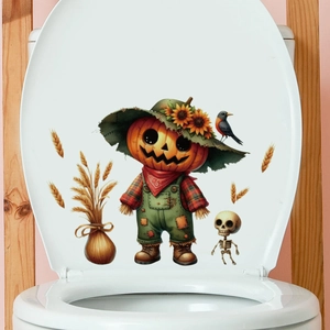 Close-up of Halloween pumpkin man and skeleton PVC stickers applied to a toilet cover