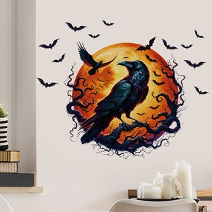 Macro detail of Halloween wall sticker featuring a large raven, red moon, and bats