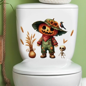 Halloween pumpkin scarecrow wall sticker with sunflower hat for festive bathroom decor