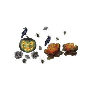 Halloween wall sticker set with glowing pumpkin jack-o-lantern, black crows, and orange flowers