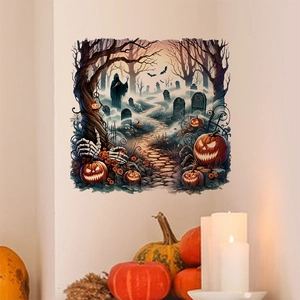 Halloween wall sticker featuring graveyard scenes with pumpkins and ghosts in a corner setup
